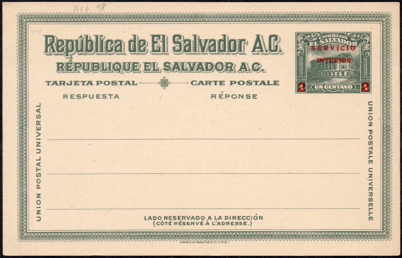 sellos timbres-poste Briefmarken stamps El Salvador 1920 2c/1c SERVICIO / INTERIOR Postal Stationery Card Ganzsache Entier Postal Tram Trolley Tranvia National Theatre teatro nacional 
